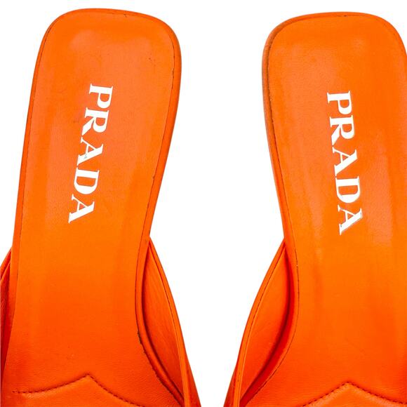PRADA Modellerie Satin Mule EU 38 US 8 Bright Orange Square Toe Slip On Low Heel - Picture 6 of 11